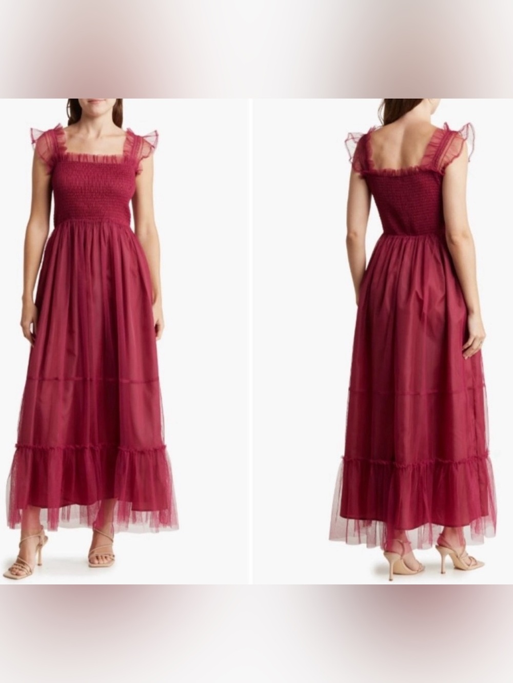 Melloday Smocked Tiered Chiffon Tulle Maxi Dress In Purple Magenta. Size Small